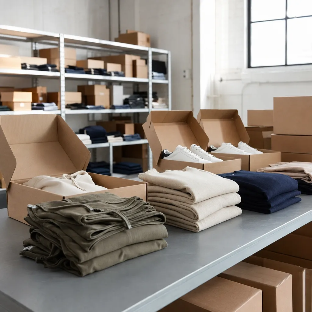 Folded apparel cartons and boxed footwear arranged on a packing table.