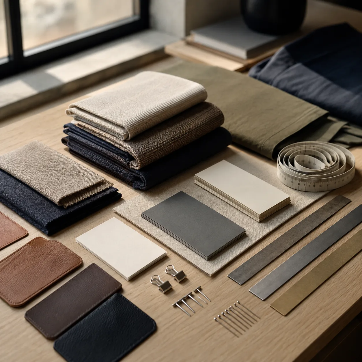 Neutral apparel fabrics, shoe leather, and trim cards arranged on a review table.