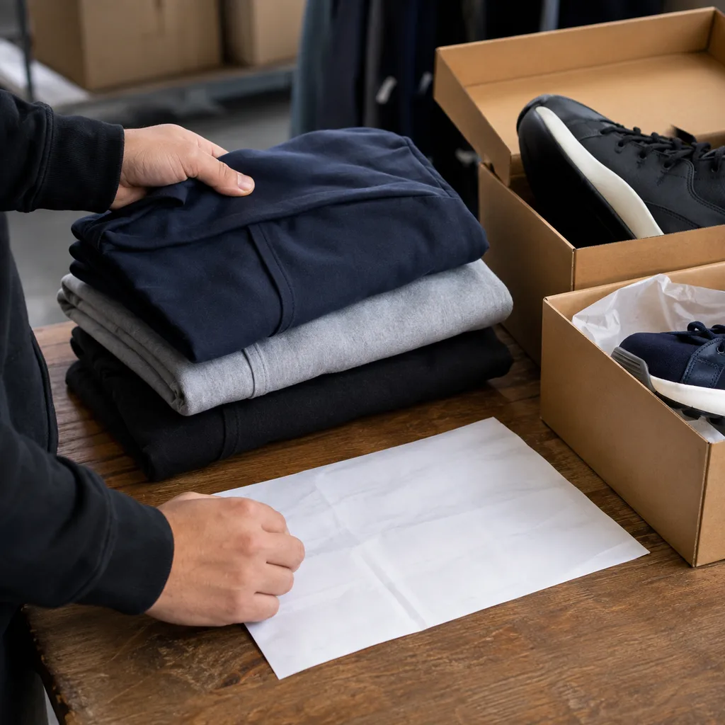 Hands checking folded garments and boxed footwear against a receiving sheet.