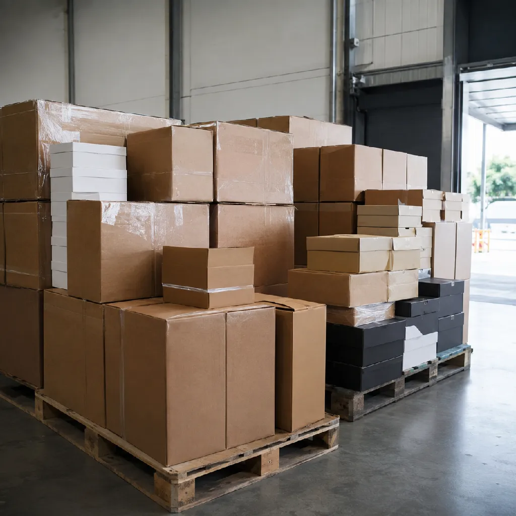 Packed apparel boxes and footwear cartons staged beside a shipping bay.
